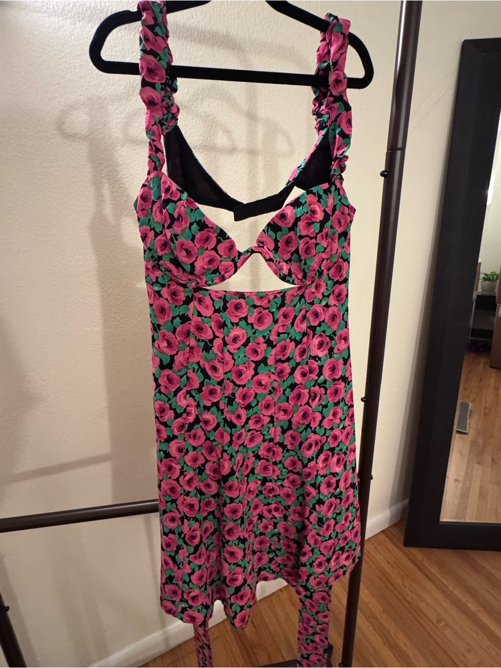 For Love & Lemons Black Dress with Pink Floral Print and Green Leaves